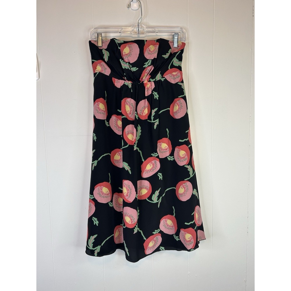 Anna Sui Anthropologie 8 Silk Dress Strapless Black Pink Poppy Floral Lined 195